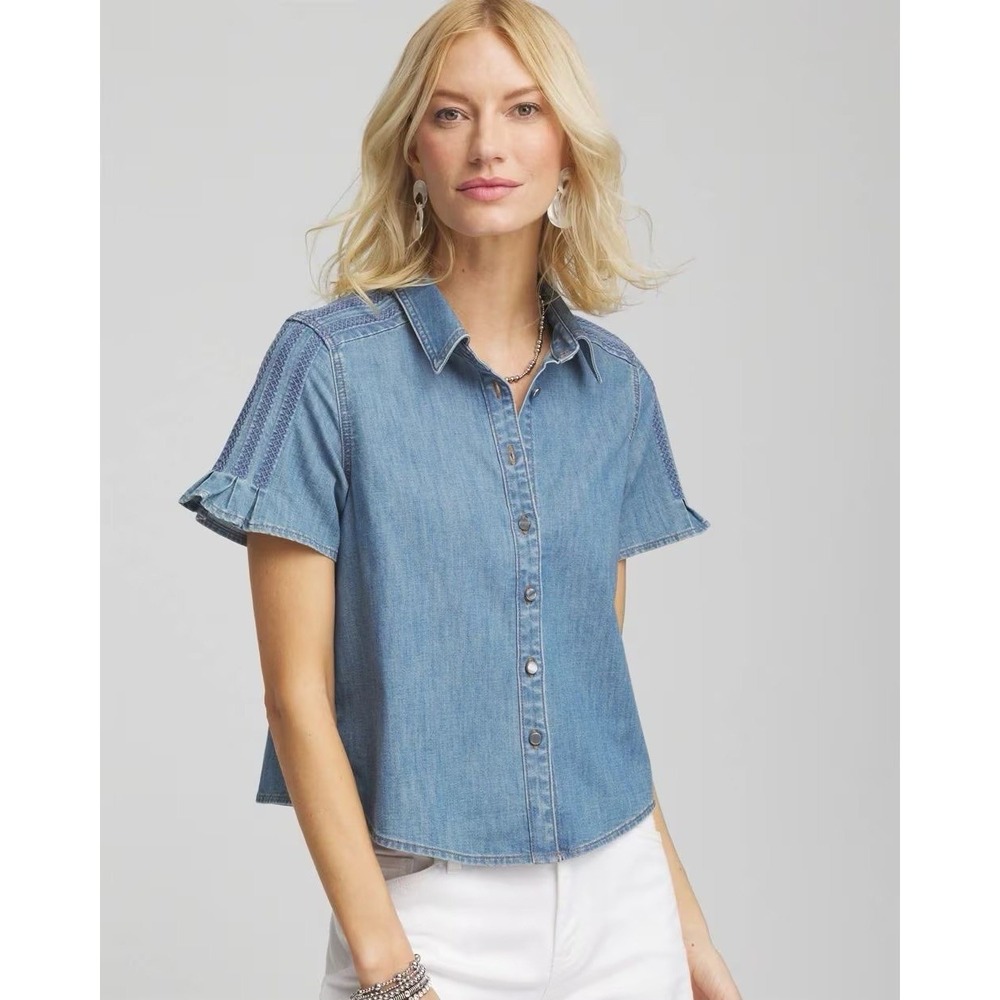 Chico's Denim Ladder Stitch Camp Blouse Shirt Blue Size 2.5 (14) Button Front